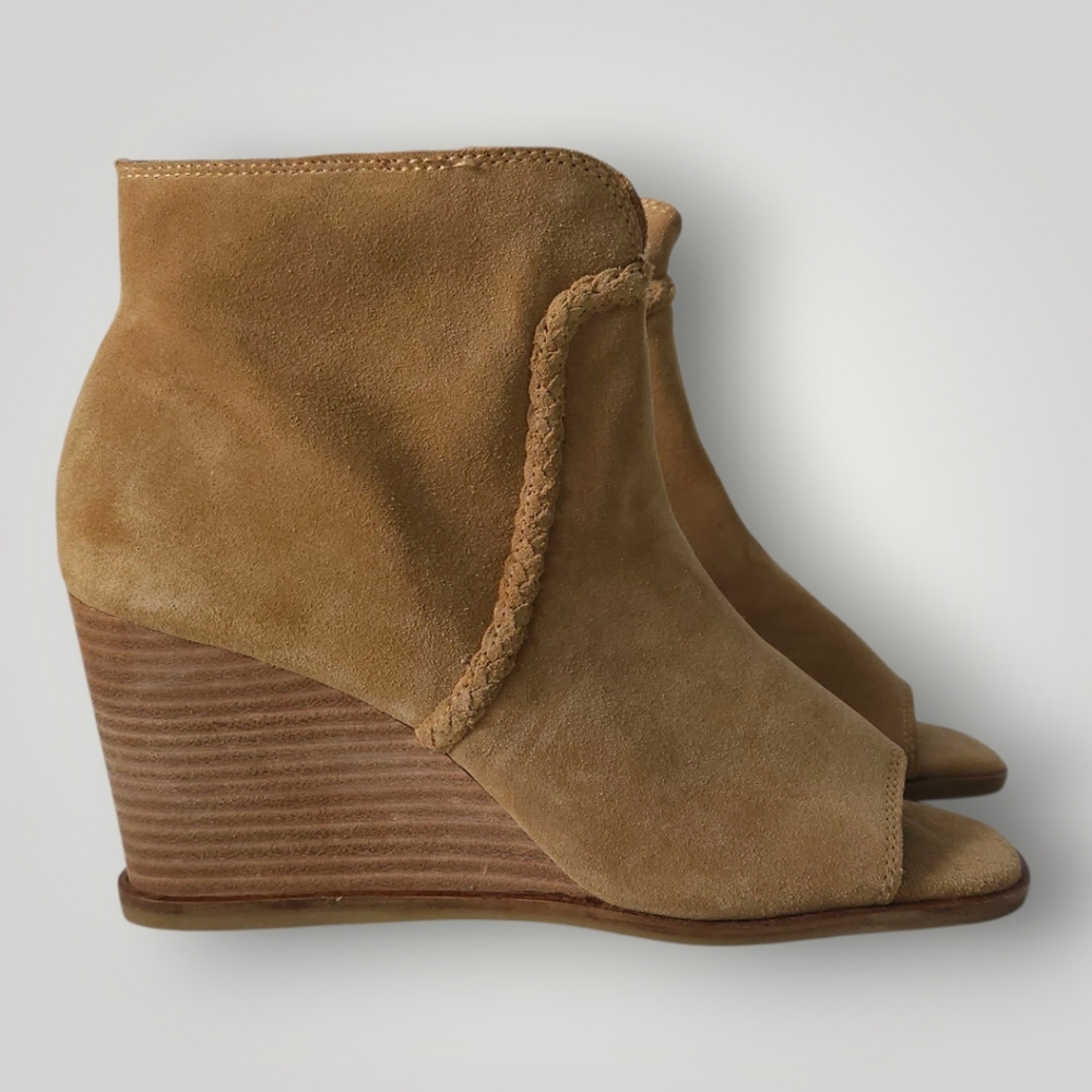Lucky Brand‎ LK Lureli Suede Peep Toe Wedge Booties Womens 9M Tan Leather Ankle - Picture 3 of 12